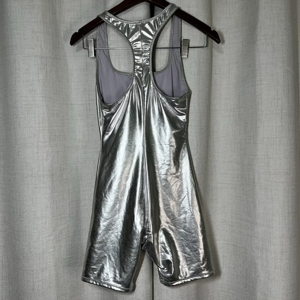 NEW! Skims Women Nickel Silver Metallic‎ Swim Cycle Body Suit Size Small